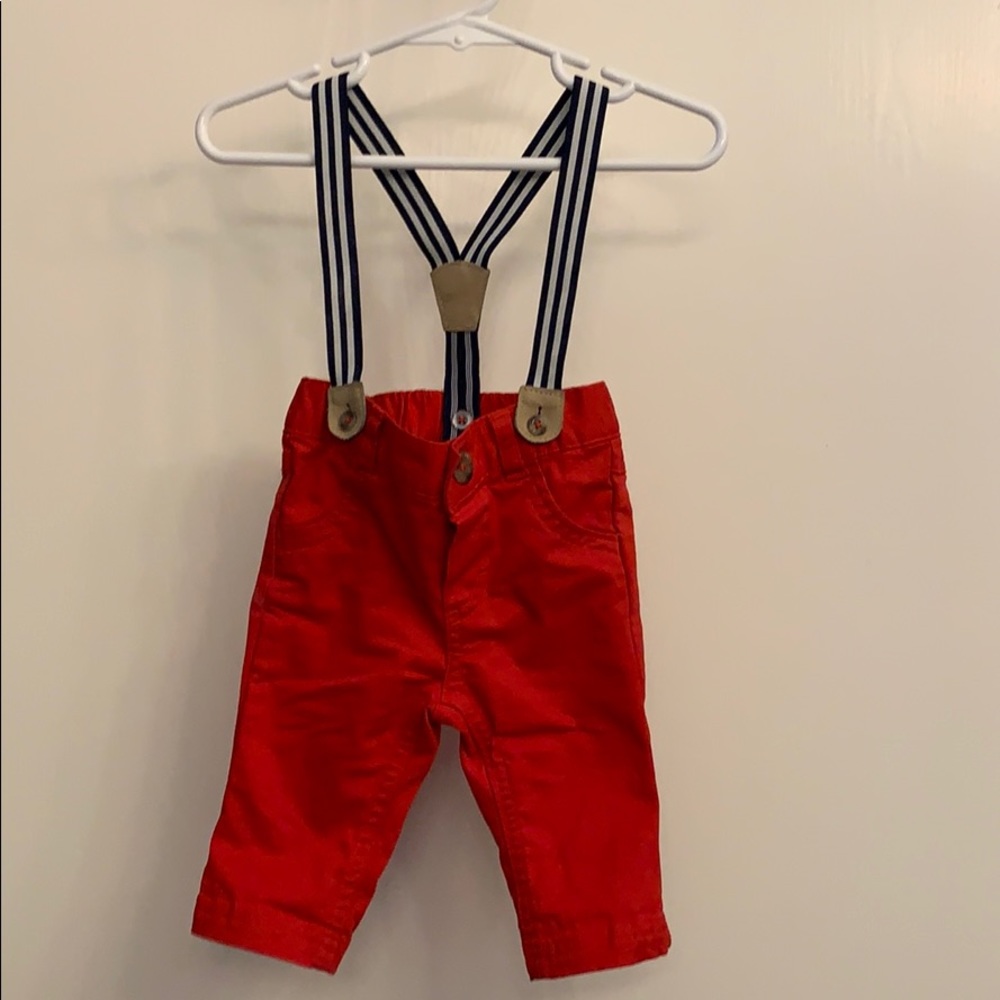 Cat and jack red pants w blue/white suspenders